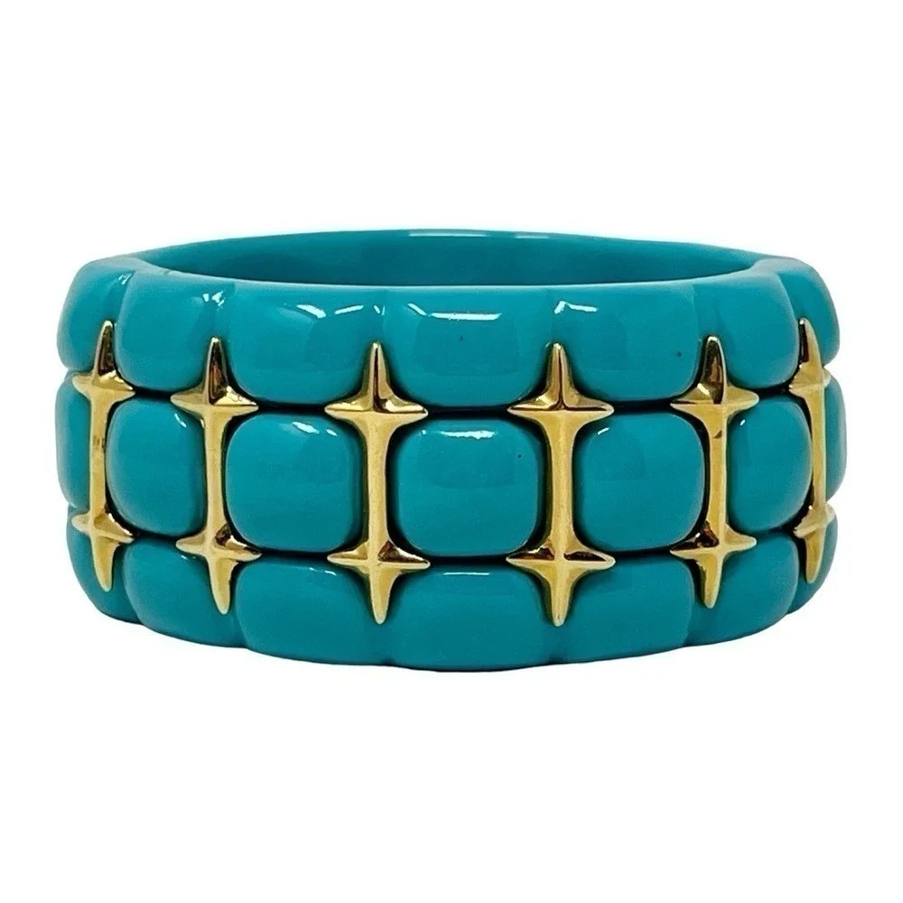 Wendy Williams Stretch Cuff Bracelet Turquoise Color Lucite Gold Tone Accents